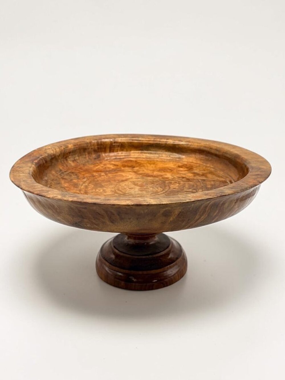 Vintage Hand Turned Burl Grain Wood Pedestal Bowl Footed Serving Compote 9.75 in